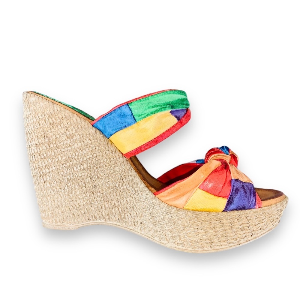 NWOT Vintage David Tyler Rainbow Leather Platform Wedge Sandals